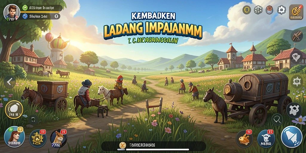 Tampilan gameplay 77RP dengan ladang yang subur dan hewan ternak.