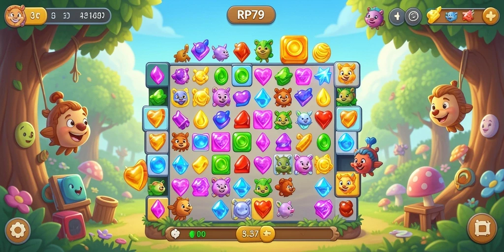 Screenshot utama RP79 menampilkan gameplay Match-3 yang dinamis.